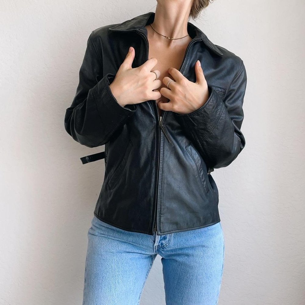 Ralph Lauren Vintage Leather Black Moto Jacket Zipper 10 zip